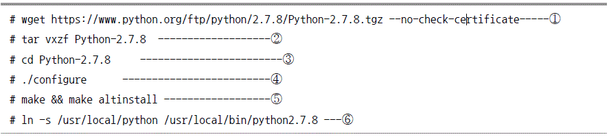 # wget https://www.python.org/ftp/python/2.7.8/Python-2.7.8.tgz --no-check-certificate------① #tar vxzf Python-2.7.8--------② #cd Python-2.7.8 -----------③ # ./configure -------------④ #make && make altinstall ------------⑤ #ln -s/usr/local/python/usr/local/bin/python2.7.8---⑥
