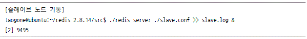 [슬레이브 노드 기동] taogone@ubuntu:~/redis-2.8.14/src$ ./redis-server ./slave.conf >> slave.log & [2] 9495