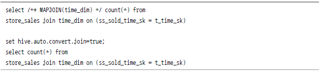 select /*+ MAPJOIN(time_dim) */ count(*) from store_sales join time_dim on(ss_sold_time_sk = t_time_sk) set hive.auto.convert.join=true; select count(*) from store_sales join time_dim on(ss_sold_time_sk = t_time_sk)