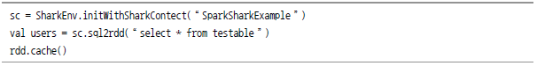 sc = SharkEnv.initWithSharkContect("SparkSharkExample") val users = sc.sql2rdd("select * from testable") rdd.cache()