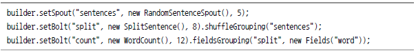 builder.setSpout("sentences", new RandomSentenceSpout(), 5); builder.setBolt("split", new SplitSentence(), 8).shuffleGrouping("sentences"); builder.setBolt("count", new WordCount(), 12).fieldsGrouping("split", new Fields("word"));