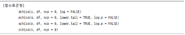 [함수표준형] dchisq(x, df, ncp=0, log = FALSE) / pchisq(q, df, ncp = 0, lower.tail = TRUE, log.p = FALSE) / qchisq(p, df, ncp = 0, lower.tail = TRUE, log.p = FALSE) / rchisq(n, df, ncp = 0)
