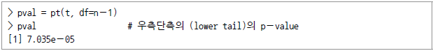 > pval = pt(t, df=n-1) > pval [1] 7.035e-05 #우측단측의 (lower tail)의 p-value