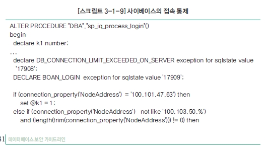 [스크립트 3-1-9] 사이베이스의 접속 통제 / ALTER PROCEDURE "DBA", "sp_iq_process_login"() begin declare k1 number: ... declare DB_CONNECTION_LIMIT_EXCEEDED_ON_SERVER exception for sqlstate value '17908'; DECLARE BOAN_LOGIN exception for sqlstate value '17909'; if(connection_property('NodeAddress') not like '100.103.50.%') and (length(trim(connection_property('NodeAddress')))!=0) then / 데이터베이스 보안 가이드라인