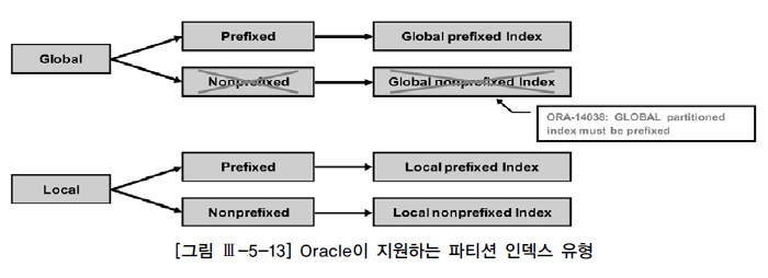 [그림 Ⅲ-5-13] Oracle이 지원하는 파티션 인덱스 유형