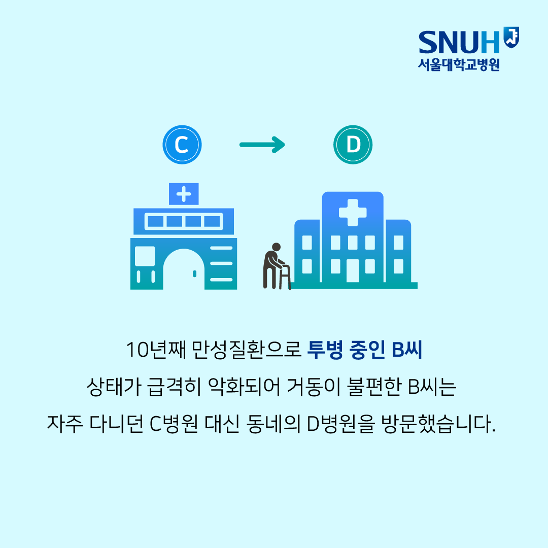 SNUH 서울대학교병원 / C → D, 10년째 만성질환으로 투병 중인 B씨 상태가 급격히 악화되어 거동이 불편한 B씨는 자주 다니던 C병원 대신 동네의 D병원을 방문했습니다.