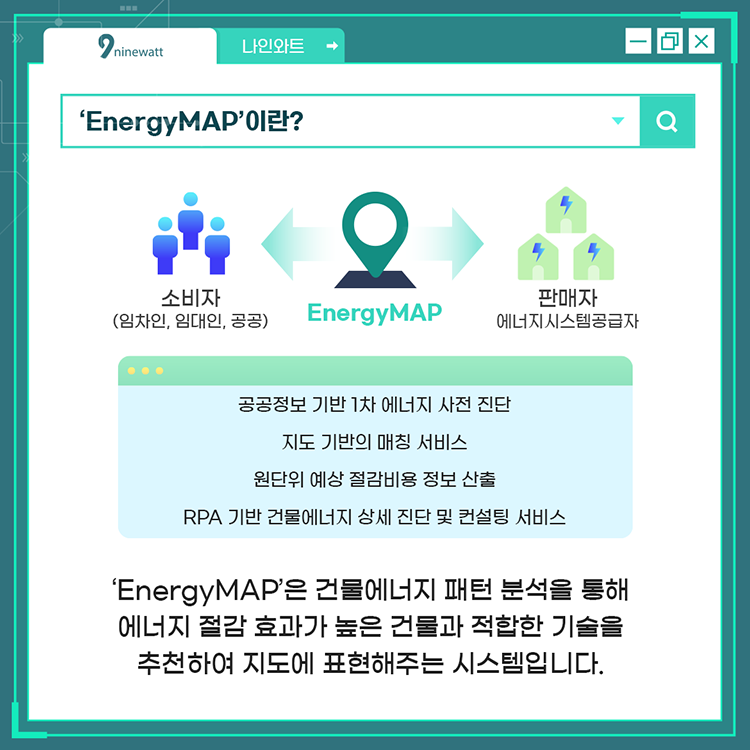 'EnergyMAP'이란? - 'EnergyMAP'은 건물에너지 패턴 분석을 통해 에너지 절담 효과가 높은 건물과 적합한 기술을 추천하여 지도에 표현해주는 시스템입니다.