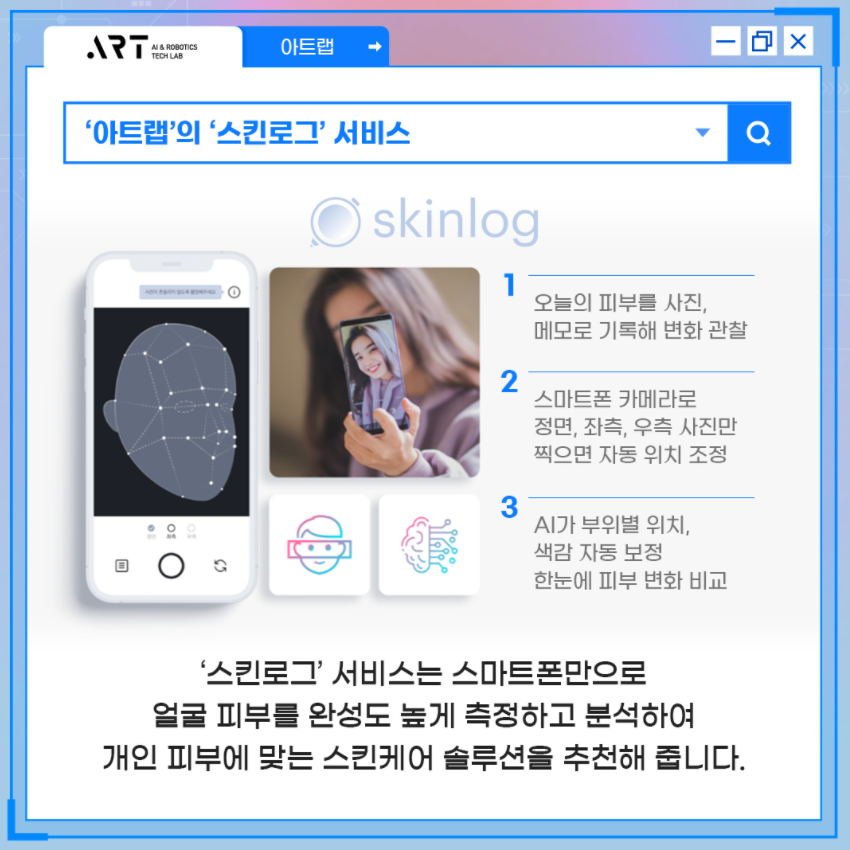 '아트랩'의 '스킨로그' 서비스 - '스킨로그' 서비스는 스마트폰만으로 얼굴 피부를 완성도 높게 측정하고 분석하여 개인 피부에 맞는 스킨케어 솔루션을 추천해 줍니다.