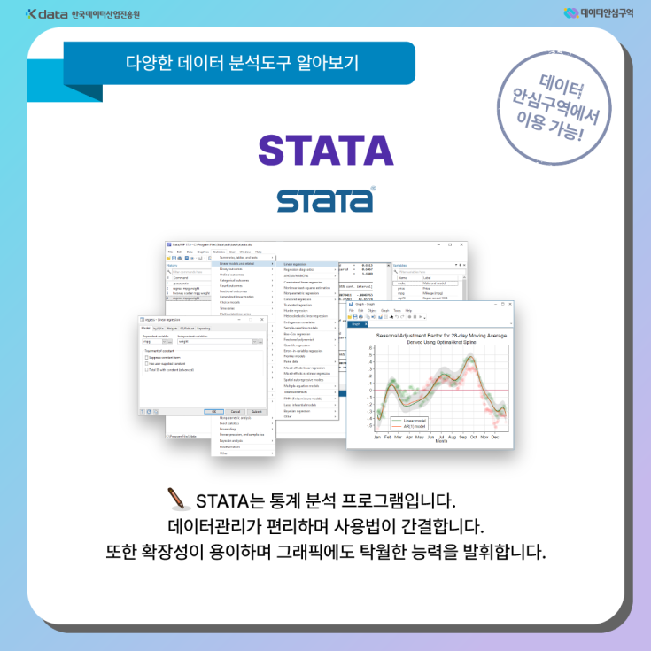 STATA - STATA는 통계 분석 프로그램입니다. 데이터관리가 편리하며 사용법이 간결합니다. 또한 확장성이 용이하며 그래픽에도 탁월한 능력을 발휘합니다.
