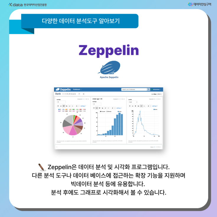 Zeppelin - Zeppelin은 데이터 분석 및 시각화 프로그램입니다. 다른 분석 도구나 데이터 베이스에 접근하는 확장 기능을 지원하며 빅데이터 분석 등에 유용합니다. 분석 후에도 그래프로 시각화해서 볼 수 있습니다.